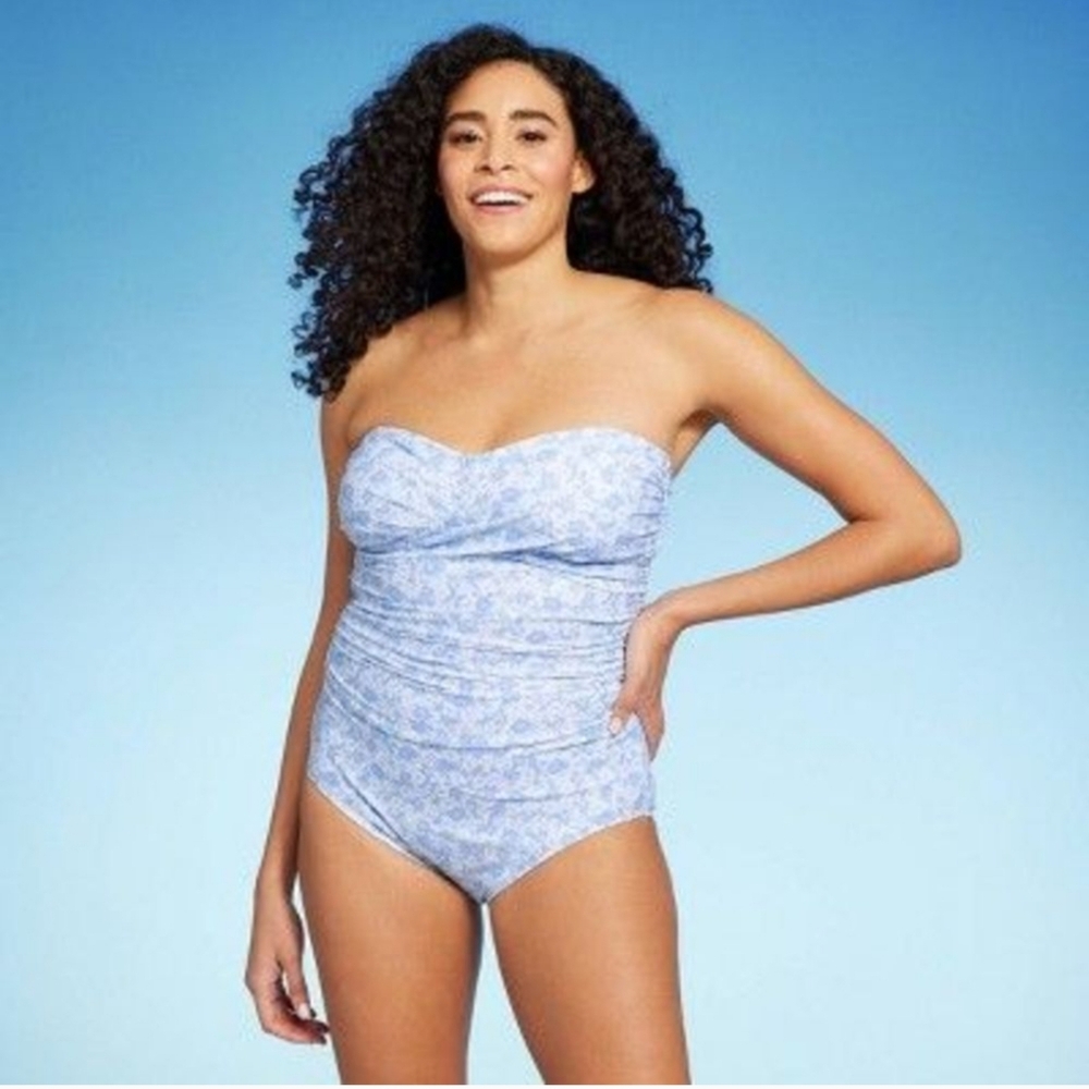 Kona Sol Blue Floral Strapless One Piece